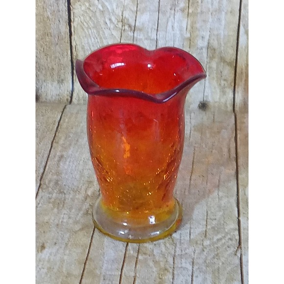 Crackle Glass Bud Vase Red and Yellow Ombre Miniature Succulent Air Plants (9A) - Picture 4 of 5